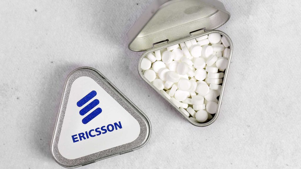 Personalizētas konfektes ar reklāmu, logo Ericsson